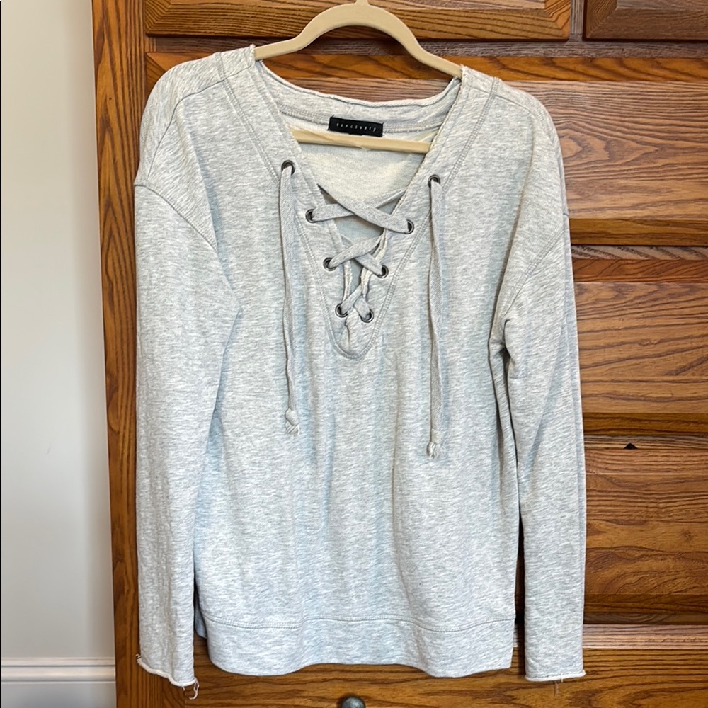 Sanctuary Cross Lace Up Sweater Sweatshirt Grey, Size small
